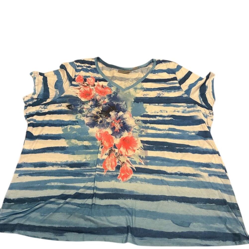 Avenue Women's Size 30 Blue & White‎ Striped Floral Rhinestone Top